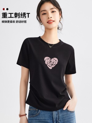 趣味爱心刺绣白t宽松百搭T恤女2025夏季舒适休闲简约圆领短袖上衣