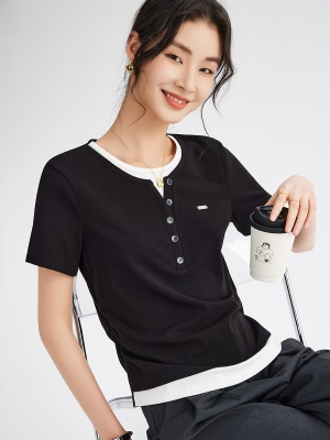 撞色正肩假两件T恤女2025春季新款圆领短袖打底衫别致百搭上衣服