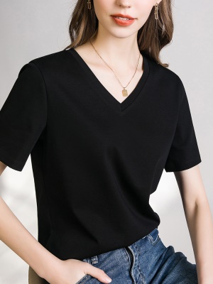 80s液氨卡其色短袖正肩t恤女2025春夏丝光棉V领气质打底衫体恤潮