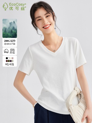 气质竹节棉多色t恤女短袖2025夏季新款别致V领纯色百搭上衣女