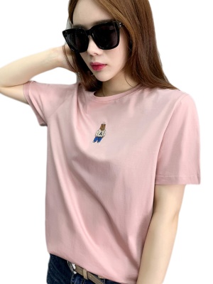 纯棉港风刺绣体恤欧洲站2025年新款女装欧货潮粉色t恤女夏季短袖