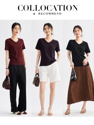 气质竹节棉多色t恤女短袖2025夏季新款别致V领纯色百搭上衣女