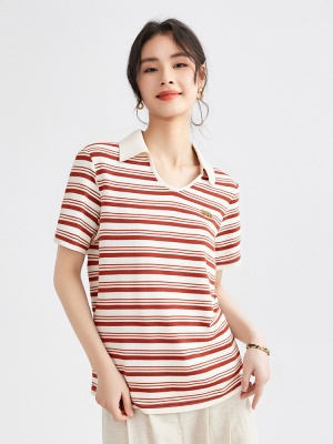 显白设计感条纹t恤女短袖夏季新款薄款显瘦上衣宽松大码小V领体恤