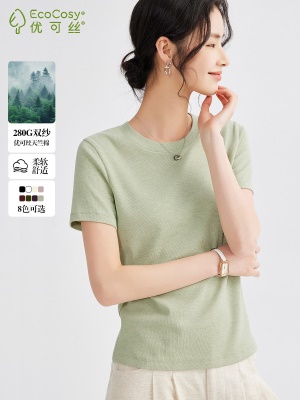 优可丝短袖T恤女2025百搭新款设计感显瘦竹节棉圆领上衣夏季体恤