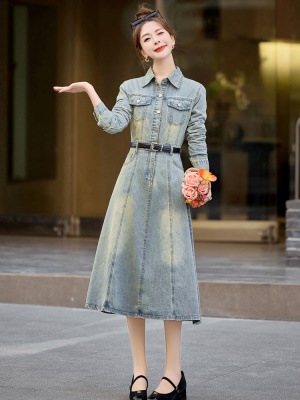 超好看复古牛仔连衣裙女2025春装高级感气质爆款高腰拼接休闲长裙