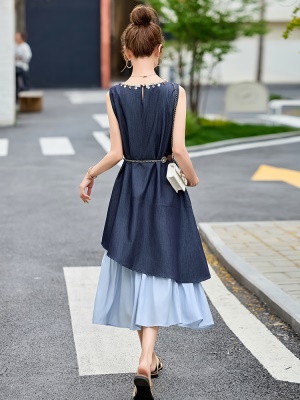 法式复古无袖连衣裙女2025夏季新款高级感气质拼接串珠收腰中长裙