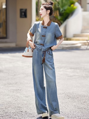 拼色薄款牛仔套装女2025夏天新品国风新中式欧货时尚年轻款两件套