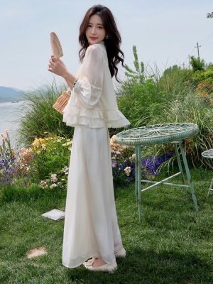 小香风荷叶边雪纺套装女2025夏季新款时尚减龄独特阔腿裙裤两件套