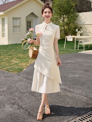 新中式国风改良旗袍裙女夏2025新款高端刺绣假两件套不规则连衣裙