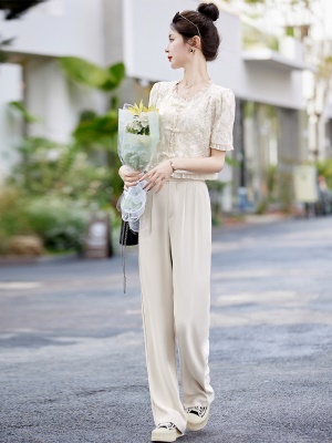 2025夏装俏皮活泼减龄两件套名媛蕾丝上衣高级感西装阔腿裤套装女