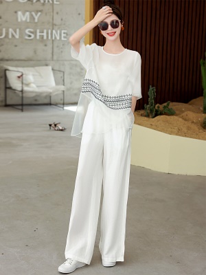 时尚中袖棉麻套装女夏新款高端刺绣天丝网纱上衣亚麻阔腿裤两件套