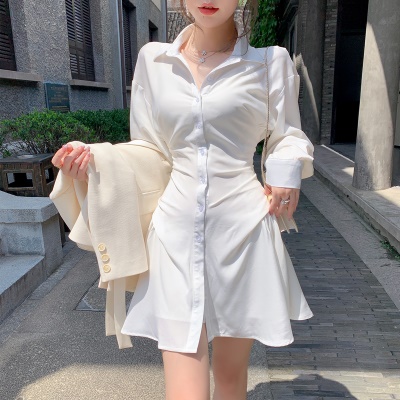 ByYou春季高级感收腰白色衬衫连衣裙显瘦缎面雪纺衬衫裙 含内搭裙
