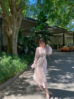 ByYou夏季粉色V领碎花雪纺连衣裙女收腰荷叶边中长款裙子含吊带裙