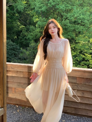 ByYou 夏季新款法式灯笼袖白色雪纺连衣裙收腰显瘦气质脚踝长裙子