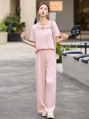 欧货蕾丝连帽休闲套装女夏2025新款时尚松弛感显瘦醋酸冰丝两件套