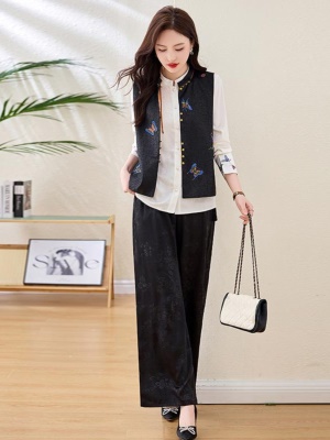 中式国风时尚套装女春季2025新款高级感减龄洋气阔腿裤穿搭一整套