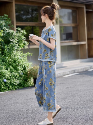 时尚流苏印花套装女2025夏季新款小个子洋气独特九分休闲裤两件套