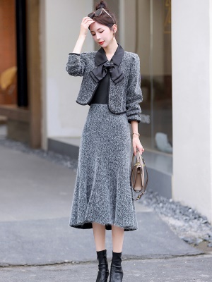 名媛小香风套装女2023秋冬装新款时尚小洋装年会礼服鱼尾裙两件套