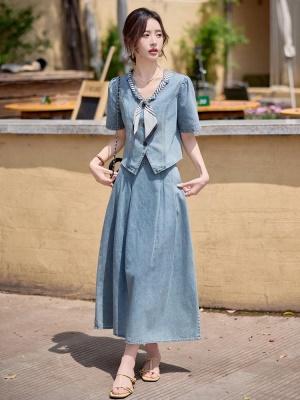 夏日绝美小裙子套装女2025新款气质高端御姐女神范天丝牛仔两件套