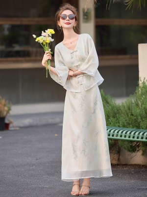 新中式国风雪纺套装女2025夏新款复古印花七分袖文艺半身裙两件套