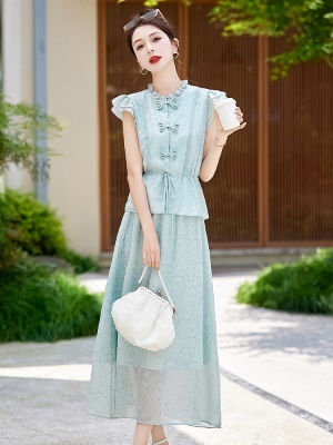 国风蝴蝶花边套装裙女2025夏季新款爆款流行漂亮新中式腰裙两件套