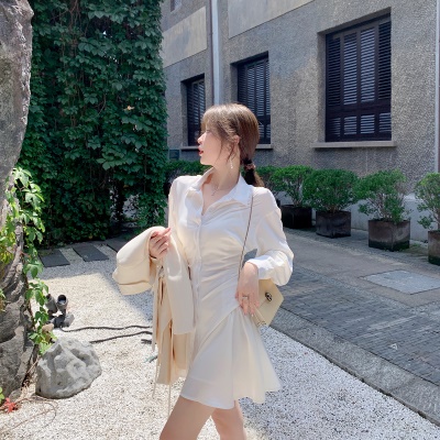 ByYou春季高级感收腰白色衬衫连衣裙显瘦缎面雪纺衬衫裙 含内搭裙