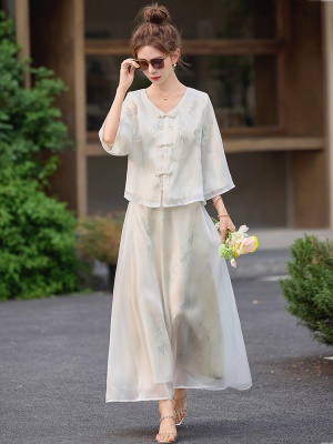 新中式国风雪纺套装女2025夏新款复古印花七分袖文艺半身裙两件套