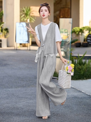 高级设计感亚麻套装女2025夏季新款大气贵夫人时尚薄款马甲三件套