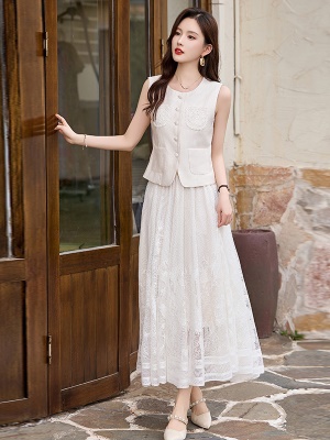 高级感马甲西装套装女2025夏装新款时尚减龄绝美网纱小裙子两件套