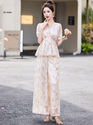 名媛高端雪纺套装女2025夏季新款时尚洋气遮肚子欧货阔腿裤两件套