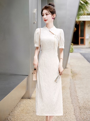 中国风盘扣连衣裙2025夏季新款名媛泡泡袖轻奢复古洋气镂空旗袍裙