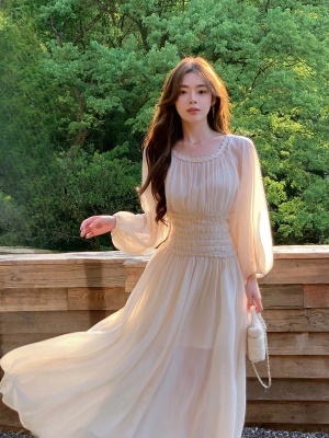 ByYou 夏季新款法式灯笼袖白色雪纺连衣裙收腰显瘦气质脚踝长裙子