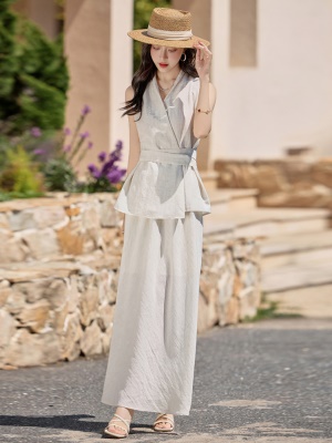 法式气质无袖套装女2025夏季新款欧若风收腰显瘦棉麻长裙两件套