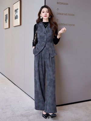 时尚气质干练套装女秋2025新款休闲扎染无袖马甲高腰阔腿裤两件套