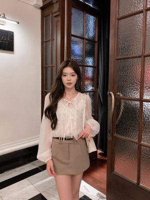 ByYou 秋冬新款卡其色a字西装半身裙百搭高腰显瘦短裙含短裤内衬