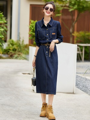 复古牛仔连衣裙女2025春秋新款高级设计感独特气质显瘦直筒衬衫裙