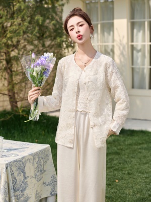 重工刺绣防晒长袖套装女夏2025新款轻奢高贵大气减龄阔腿裤两件套