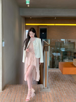 ByYou 初秋新款不规则长袖雪纺连衣裙收腰短裙子含打底短裤两件套