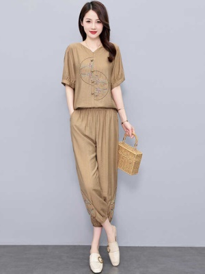 民族风复古天丝麻套装女2025夏季新款时尚宽松显瘦哈伦裤两件套薄