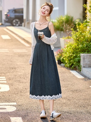 蕾丝拼接牛仔吊带裙套装女2025夏季新款休闲防晒开衫连衣裙两件套