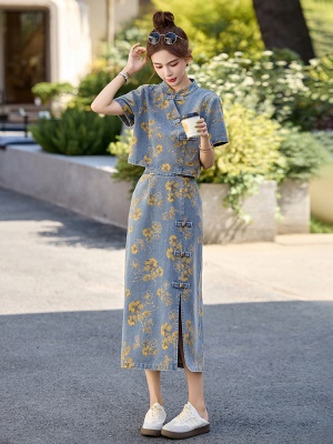 新中式国风套装女2025夏季时尚气质印花薄款牛仔盘扣半身裙两件套