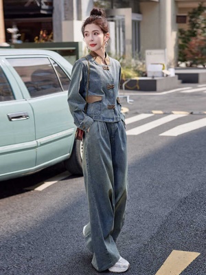 牛仔外套女2025新款爆款春季百搭套装新中式国风盘扣阔腿裤两件套