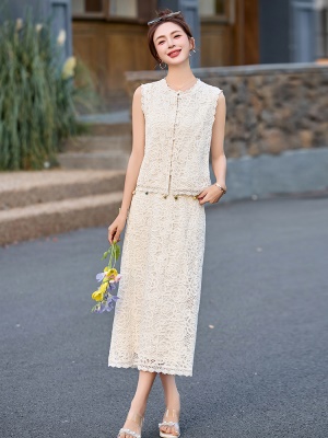 法式蕾丝刺绣马甲套装女2025夏季新款彩色钉珠花边气质小香两件套