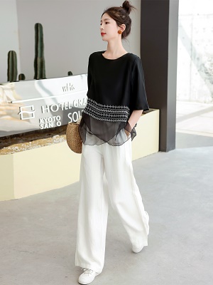 时尚中袖棉麻套装女夏新款高端刺绣天丝网纱上衣亚麻阔腿裤两件套