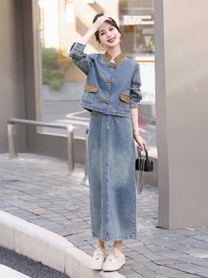 国风盘扣牛仔套装裙女2025春秋新款气质名媛复古旗袍半身裙两件套