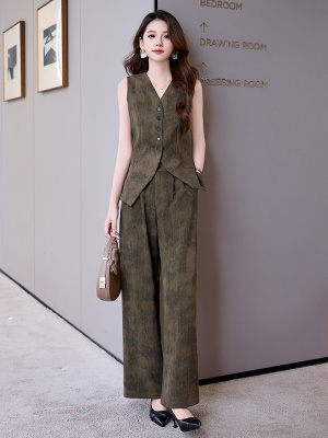 时尚气质干练套装女秋2025新款休闲扎染无袖马甲高腰阔腿裤两件套