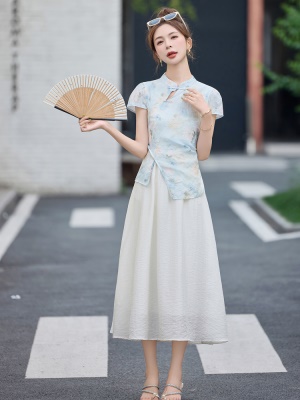 新中式改良旗袍连衣裙女2025夏季新款国风收腰印花拼接假两件长裙