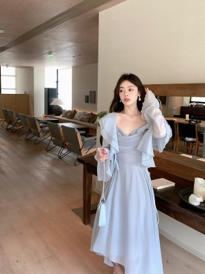 ByYou 夏季新款高级感灰色荡领雪纺吊带连衣裙气质收腰显瘦仙女裙