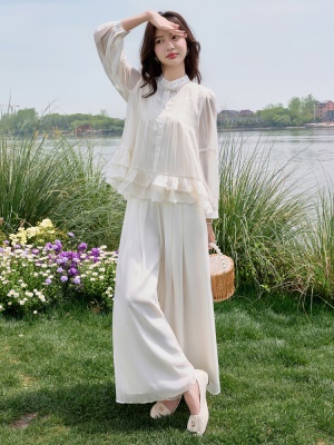 小香风荷叶边雪纺套装女2025夏季新款时尚减龄独特阔腿裙裤两件套