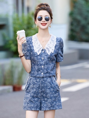 欧货小香风短裤套装女夏2025新款小个子拼色娃娃领牛仔两件套爆款